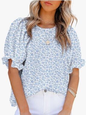 Women’s Blue Floral Puff-Sleeve Top - Large